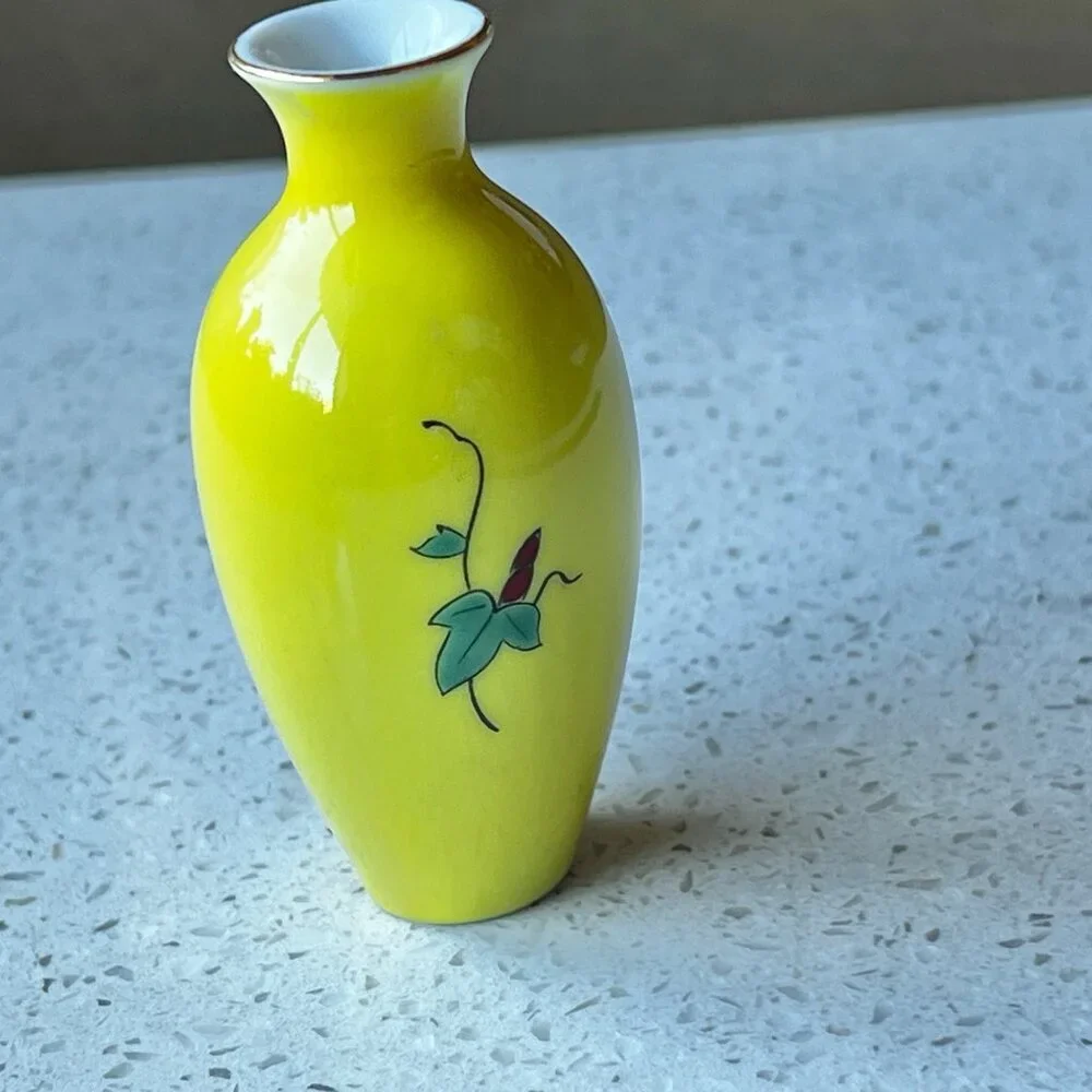 Miniature Japan Porcelain Vases Set Of 2 Yellow & Blue Floral Design vintage